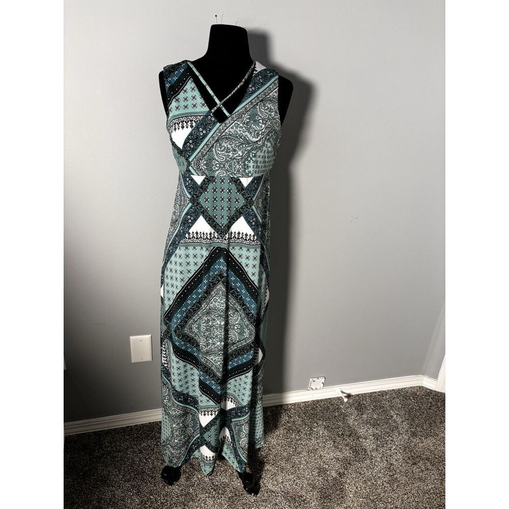 R&K Women's Sleeveless Blue Green‎ V- Neck Multicolor Bohemian Maxi Dress Boho